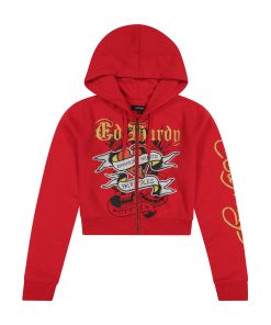 Broken Hearts Cherry Zip Front Cropped Hoodie
